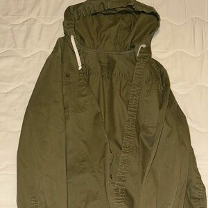 American Eagle Men's Olive Hooded Button Up Jacket